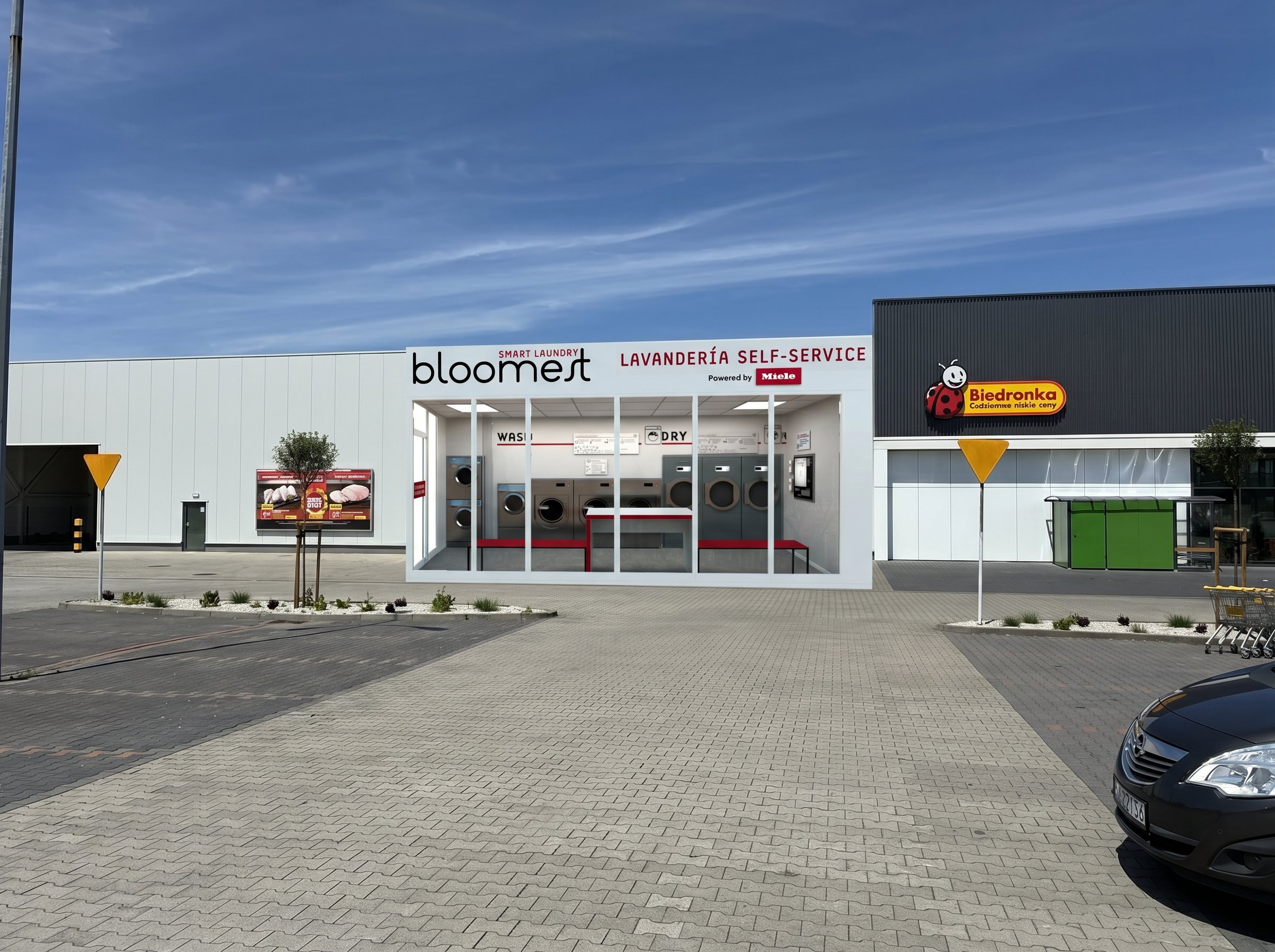 Render pralni samoobsługowej Bloomest na fasadzie Biedronki w Gliwicach